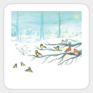 Forest birds in winter in the white snow Illustration Sticker